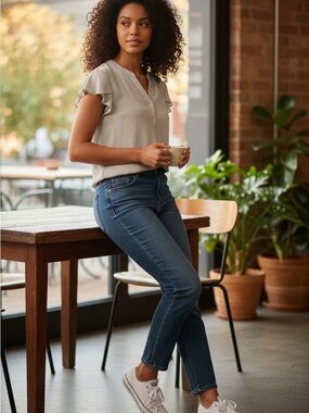 Light Taupe Split-Neck Short Sleeve Blouse
